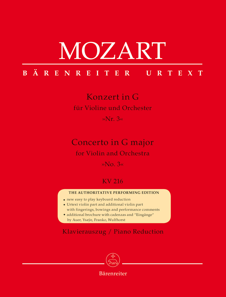 MOZART, W,A, - KONZERT IN G FÜR VIOLINE UND ORCHESTER NR.3 KV 216 KLAVIERAUSZUG URTEXT