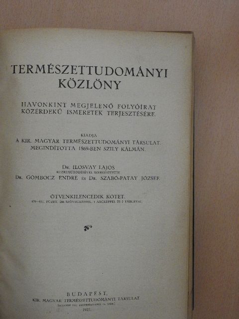 Abonyi S. - Természettudományi Közlöny 1927. január-december/Pótfüzetek a Természettudományi Közlönyhöz 1927. január-december [antikvár]