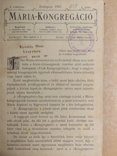 Bóta Ernő - Mária-kongregáció 1907-1908/1909. január-december [antikvár]