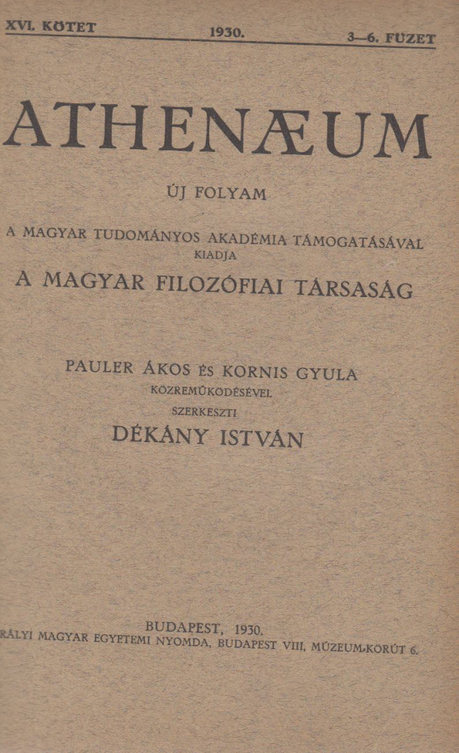 DÉKÁNY ISTVÁN - Athenaeum 1930. XVI. kötet 3-6. füzet [antikvár]