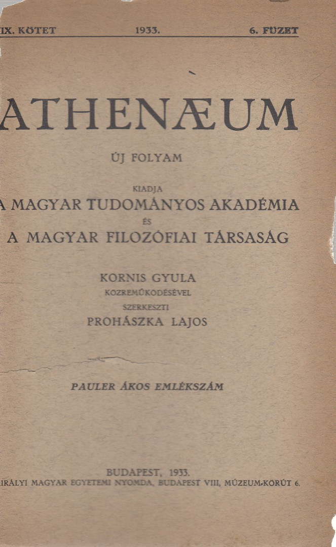 Prohászka Lajos - Athenaeum 1933. XIX. kötet 6. füzet [antikvár]