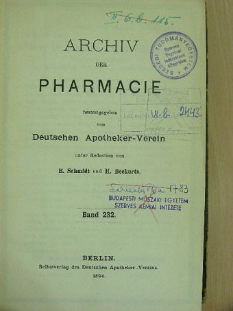 Dr. Hugo Erdmann - Archiv der Pharmacie 1894 [antikvár]