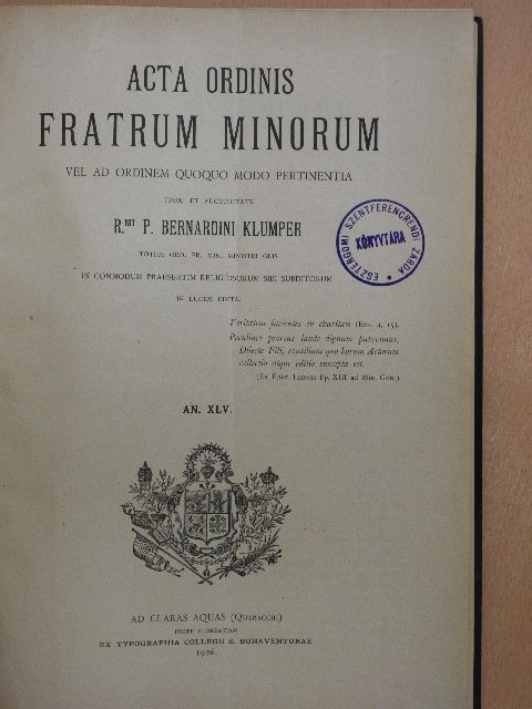 Acta Ordinis Fratrum Minorum Ianuarii-Decembris 1926 [antikvár]