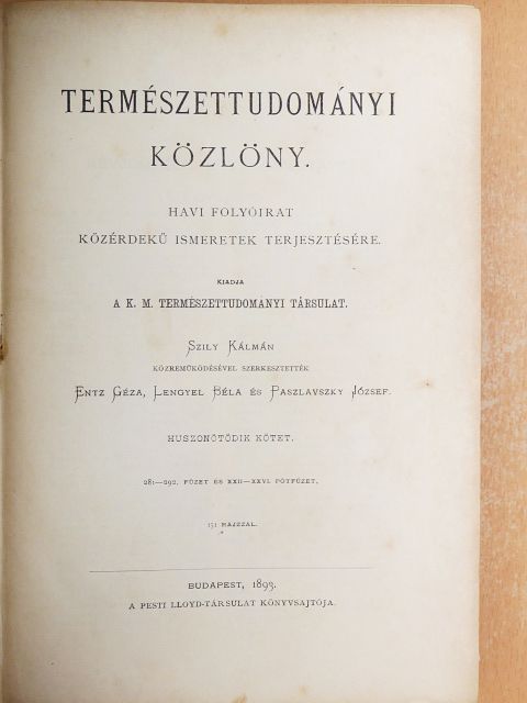 Természettudományi Közlöny 1893. január-december/Pótfüzetek a Természettudományi Közlönyhöz 1893. január-december [antikvár]