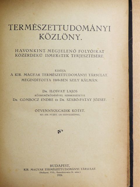 Dr. Ilosvay Lajos - Természettudományi Közlöny 1926. január-december/Pótfüzetek a Természettudományi Közlönyhöz 1926. január-december [antikvár]