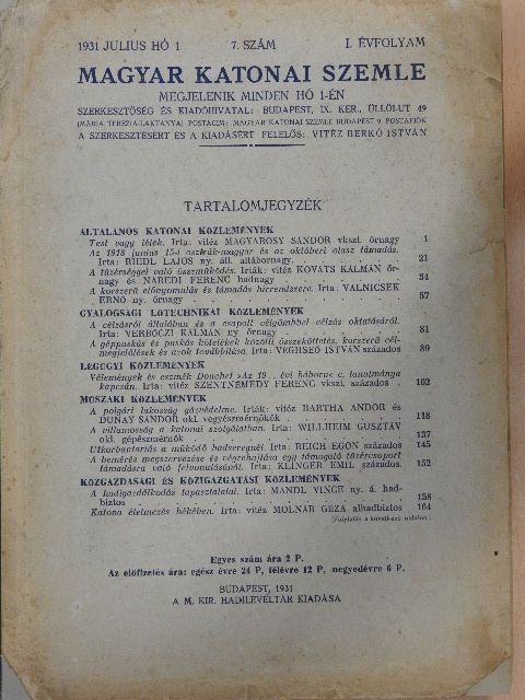 Bartha Andor - Magyar Katonai Szemle 1931. Julius 1. [antikvár]