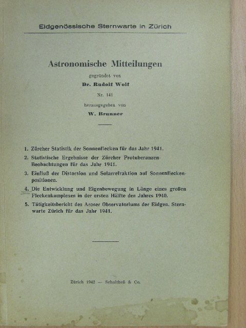 M. Waldmeier - Astronomische Mitteilungen 1941/141. [antikvár]