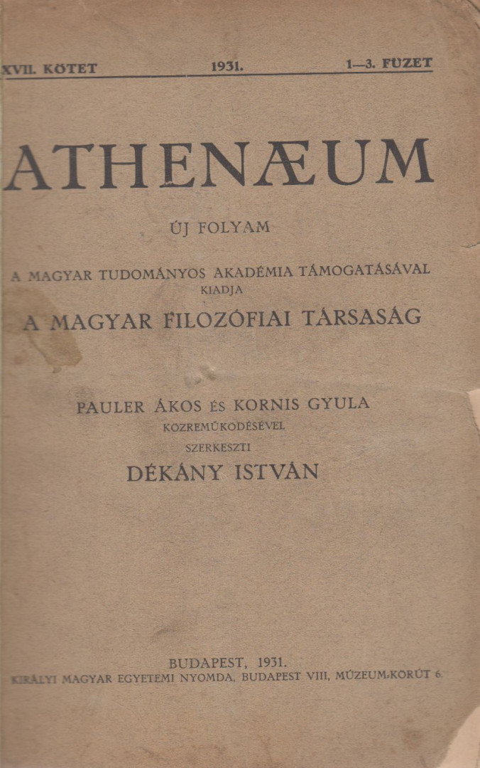 DÉKÁNY ISTVÁN - Athenaeum 1931. XVII. kötet 1-3. füzet [antikvár]