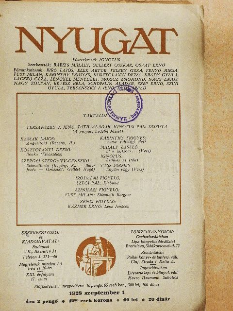 Füst Milán - Nyugat 1928. szeptember 1. [antikvár]