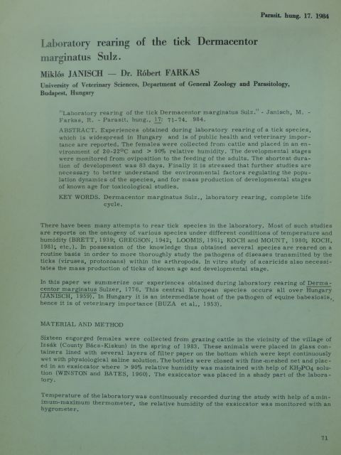 Dr. Farkas Róbert - Laboratory rearing of the tick Dermacentor marginatus Sulz. [antikvár]