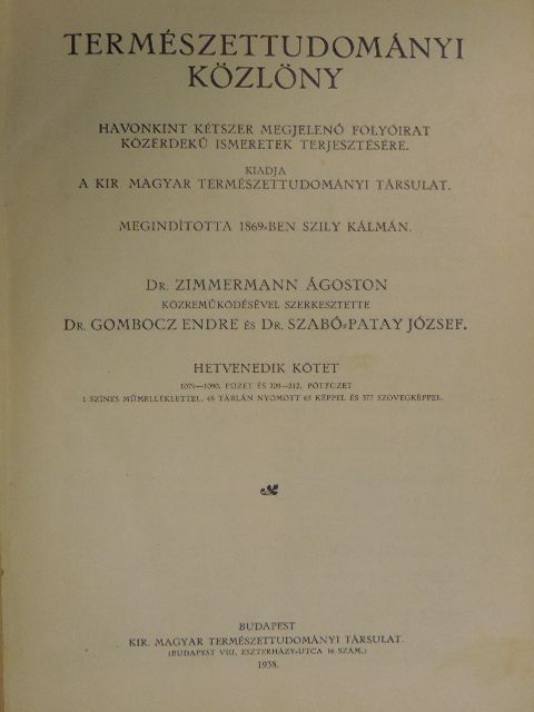 Aczél M. - Természettudományi Közlöny 1938. január-december/Pótfüzetek a Természettudományi Közlönyhöz 1938. január-december [antikvár]