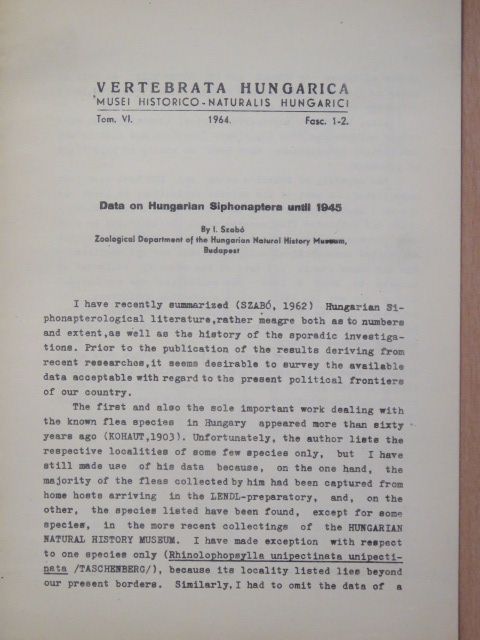 I. Szabó - Data on Hungarian Siphonaptera until 1945 [antikvár]