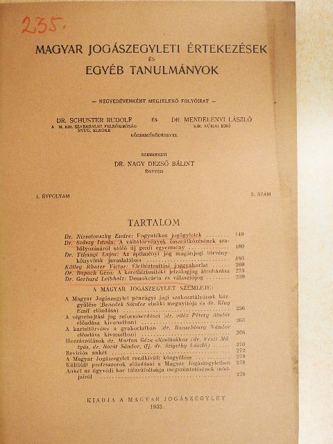 Dr. Nizsalovszky Endre - Magyar jogászegyleti értekezések és egyéb tanulmányok 1933. április [antikvár]