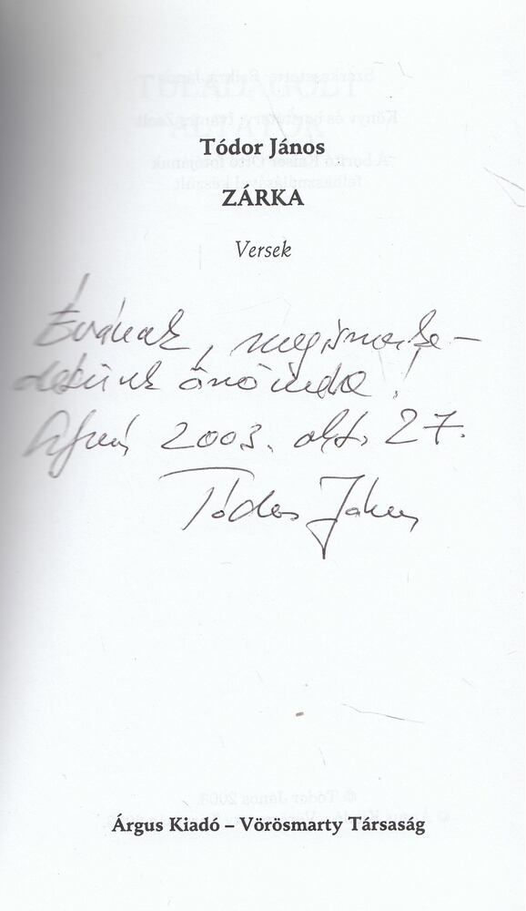 Tódor János - Zárka (dedikált) [antikvár]