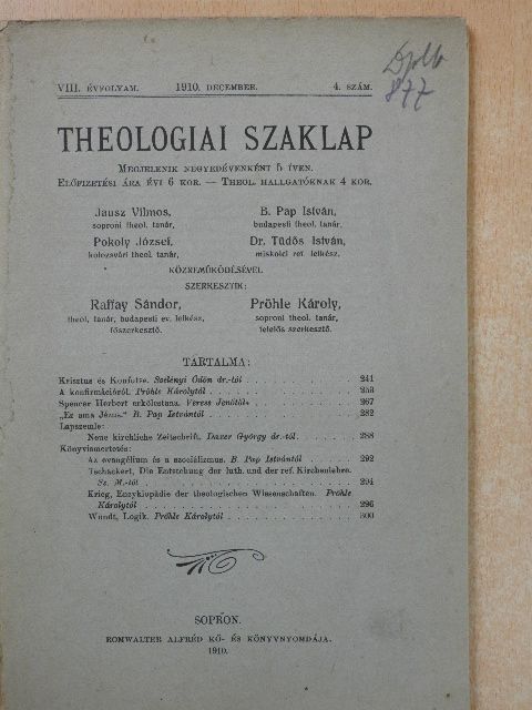 Pröhle Károly - Theologiai szaklap 1910. december [antikvár]