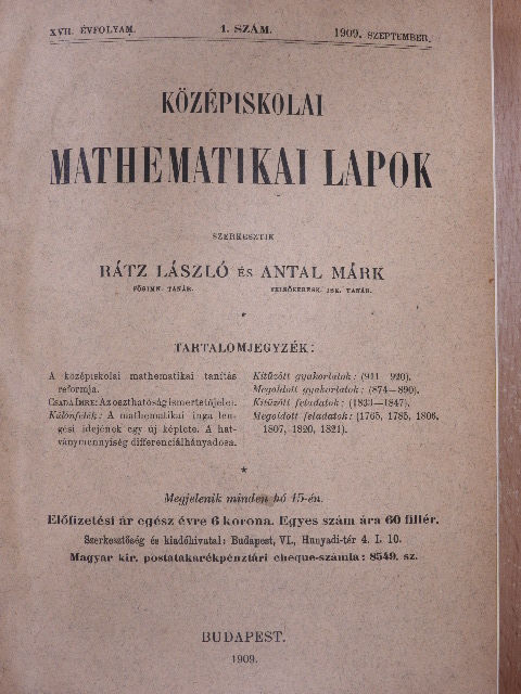 Erreth Aladár - Középiskolai mathematikai lapok 1909. szeptember-1911. június [antikvár]