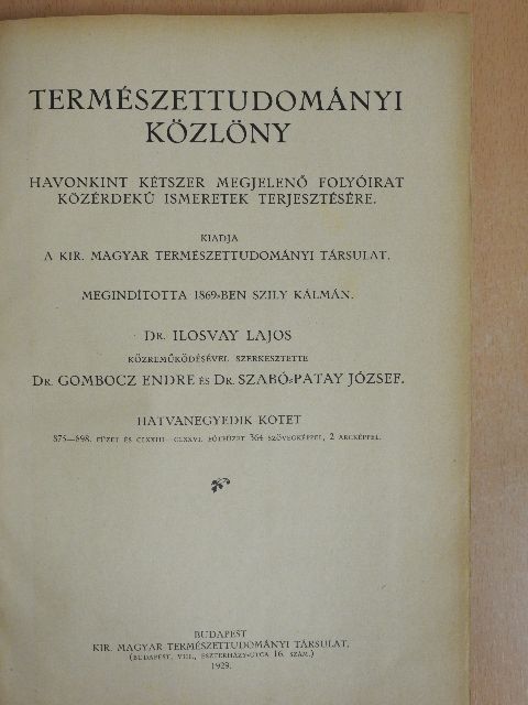 Bábonyi Endre - Természettudományi Közlöny 1929. január-december/Pótfüzetek a Természettudományi Közlönyhöz 1929. január-december [antikvár]