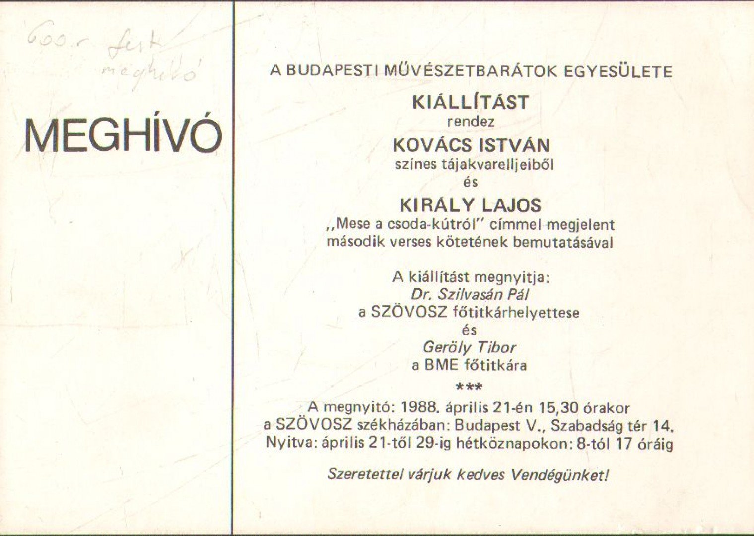 Kovács István színes akvarelljei és Király Lajos "Mese a csoda-kútról" címmel megjelent második verses kötetének bemutatása (meghívó) [antikvár]