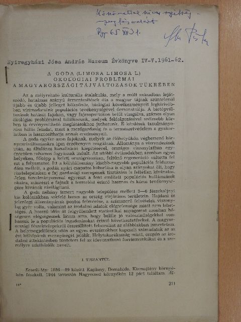 Sterbetz István - A goda (Limosa Limosa L.) ökológiai problémái a magyarországi tájváltozások tükrében (dedikált példány) [antikvár]