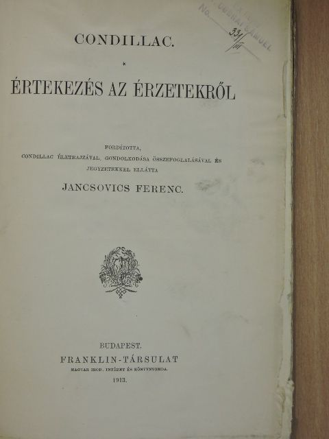 Condillac - Értekezés az érzetekről [antikvár]
