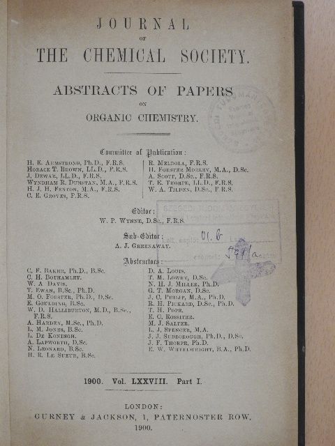 H. E. Armstrong - Journal of the Chemical Society 1900/I. [antikvár]