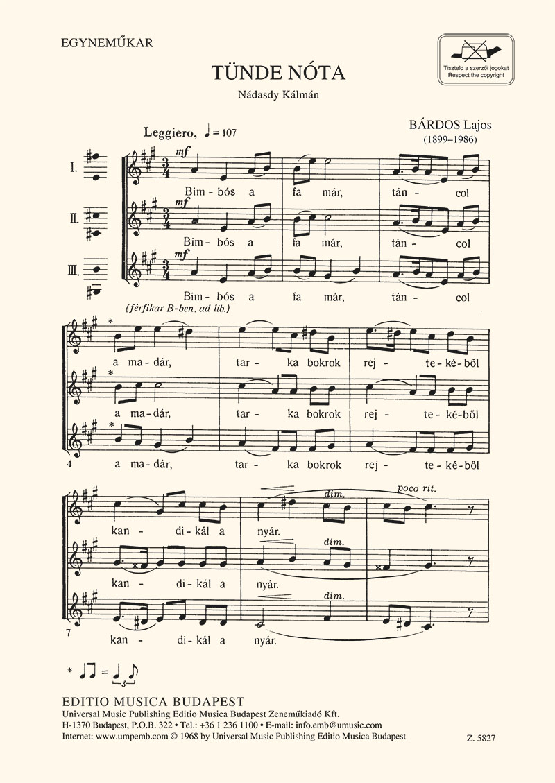 BÁRDOS LAJOS - TÜNDE NÓTA EGYNEMŰKAR (NÁDASDY KÁLMÁN SZÖVEGE)