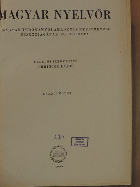 Ladó János - Magyar Nyelvőr 1959. január-december [antikvár]