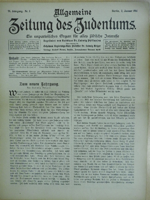 Allgemeine Zeitung des Judentums 2. Januar 1914 (gótbetűs) [antikvár]