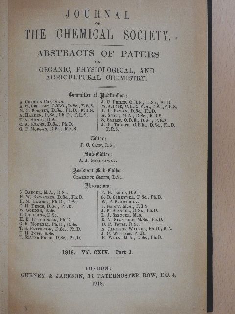 G. Barger - Journal of the Chemical Society 1918/I. [antikvár]