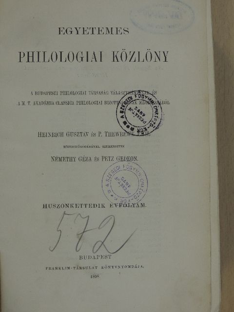 Bakács István - Egyetemes Philologiai Közlöny 1898. [antikvár]