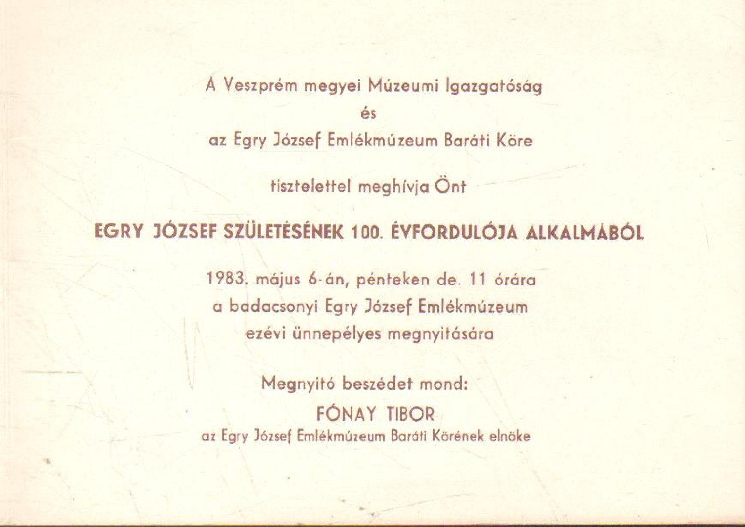 Meghívó Egry József születésének 100. évfordulója alkalmából rendezett kiállítás megnyitójára [antikvár]