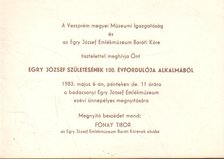 Meghívó Egry József születésének 100. évfordulója alkalmából rendezett kiállítás megnyitójára [antikvár]