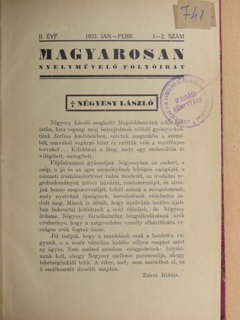 Fincziczky István - Magyarosan 1933. január-december [antikvár]