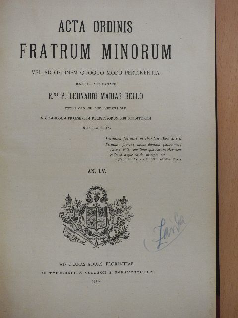 Frediano Giannini - Acta Ordinis Fratrum Minorum Ianuarii-Decembris 1936 [antikvár]