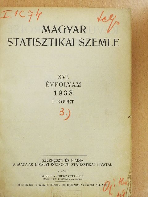 Barsy Gyula - Magyar Statisztikai Szemle 1938. (nem teljes évfolyam) [antikvár]
