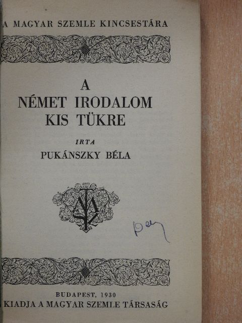 Pukánszky Béla - A német irodalom kis tükre [antikvár]