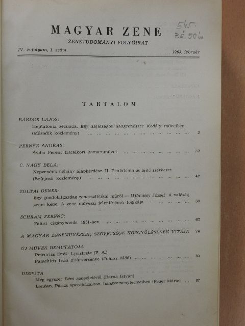Bárdos Lajos - Magyar Zene 1963/1-6. [antikvár]