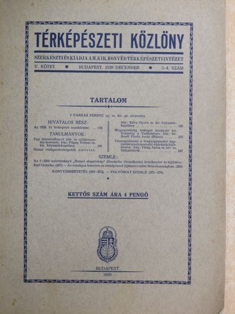 Almagió Róbert - Térképészeti Közlöny 1939. december [antikvár]