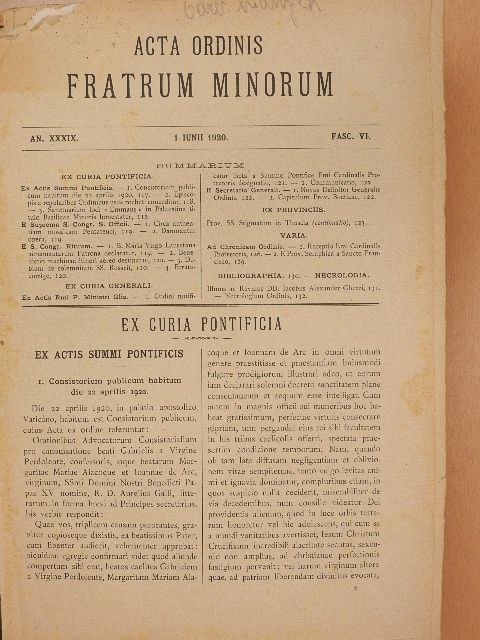 Acta Ordinis Fratrum Minorum 1920-1922. (vegyes számok) (30 db) [antikvár]