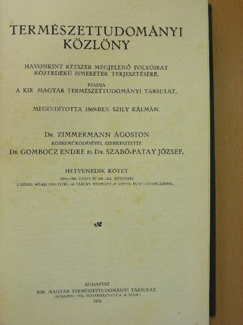 Aczél M. - Természettudományi Közlöny 1938. január-december/Pótfüzetek a Természettudományi Közlönyhöz 1938. január-december [antikvár]