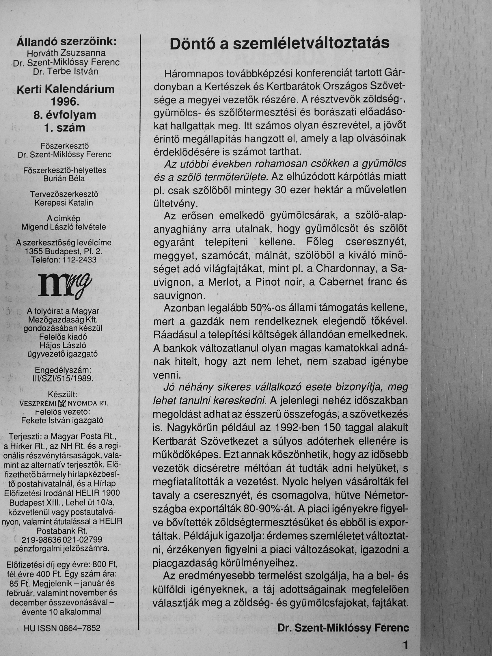 Kerti Kalendárium évkönyve 1996. [antikvár]