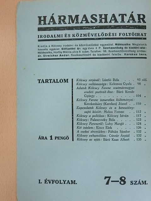 Csiszár Árpád - Hármashatár I. évfolyam 7-8. szám [antikvár]