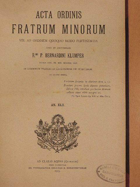 Acta Ordinis Fratrum Minorum Ianuarii-Decembris 1923 [antikvár]