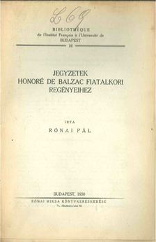 Rónai Pál - Jegyzetek Honoré de Balzac fiatalkori regényeihez [antikvár]