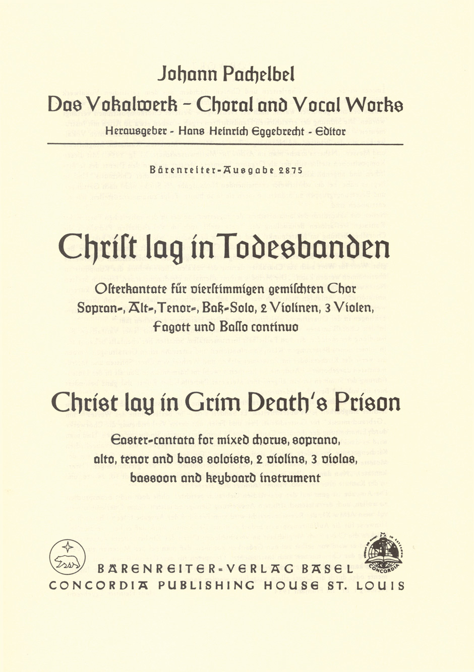 PACHELBEL - CHRIST LAG IN TODESBANDEN, OSTERKANTATE FÜR CHOR, SOLOS, 2 VIOLINEN ...