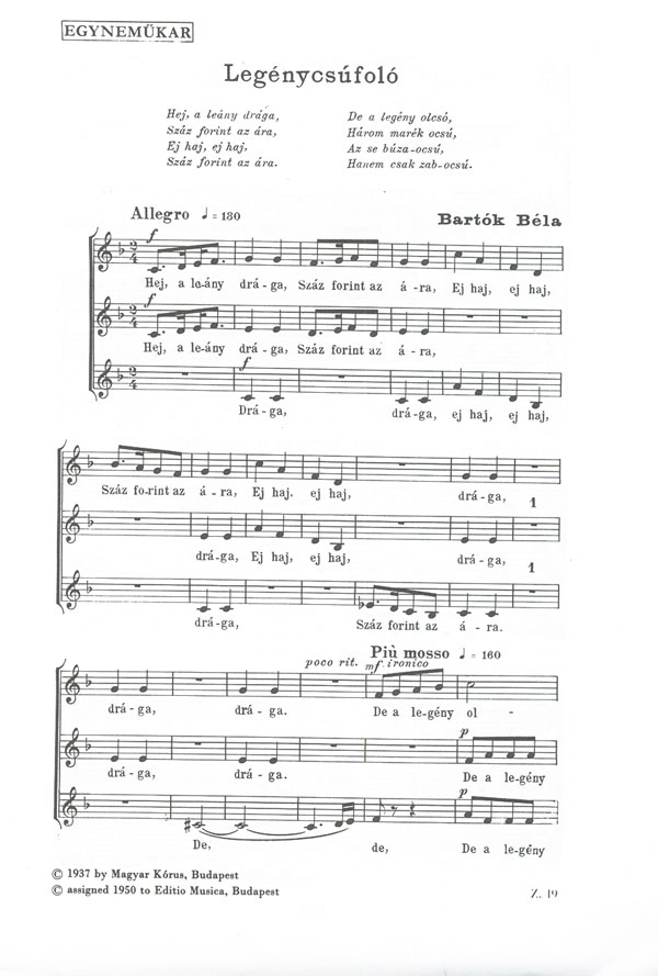 Bartók Béla - LEGÉNYCSÚFOLÓ EGYNEMŰKARRA