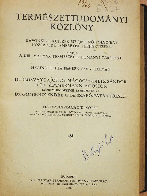 Bogdánfy Ö. - Természettudományi Közlöny 1936. január-december/Pótfüzetek a Természettudományi Közlönyhöz 1936-1937. (nem teljes évfolyam) [antikvár]