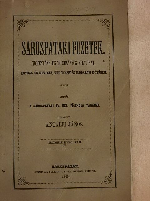 Barna József - Sárospataki Füzetek 1862. április 10. [antikvár]