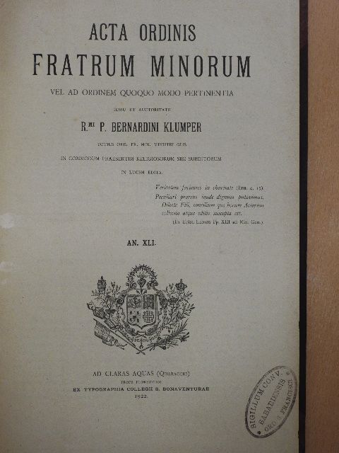 Acta Ordinis Fratrum Minorum Ianuarii-Decembris 1922 [antikvár]