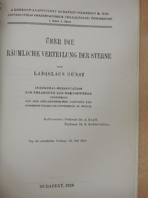 Dr. Dunst László - Über die räumliche Verteilung der Sterne [antikvár]